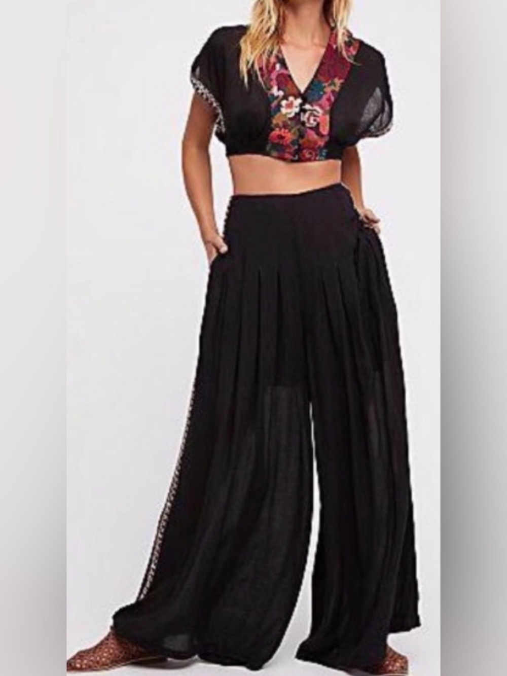 FREE PEOPLE Santoshi 2pc Set Sz 2 Palazzo  Wide Leg Pants and Cropped Top Boho